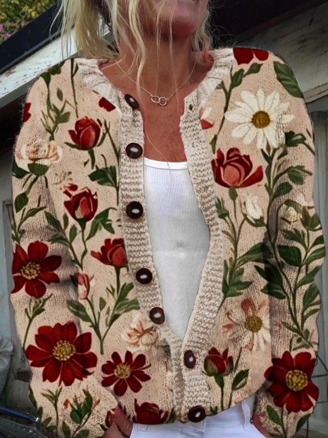 Red floral Casual Crew Neck Knitted Cardigan