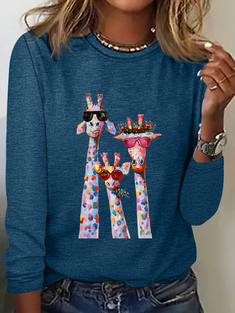 Women's Oil Painting Funny Giraffe Print Casual Long Sleeve Shirt