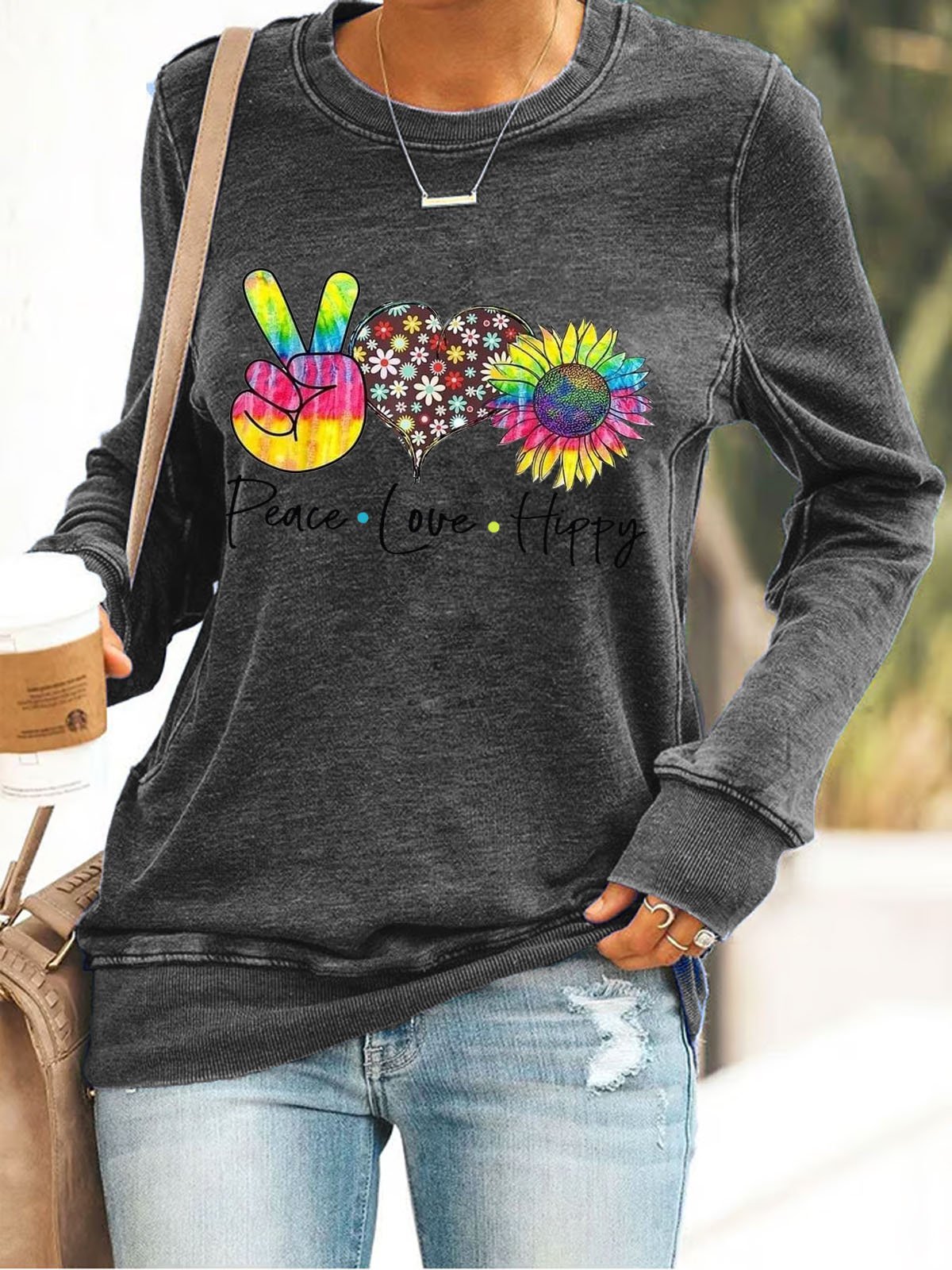 Hippie print round neck pullover sweatshirt