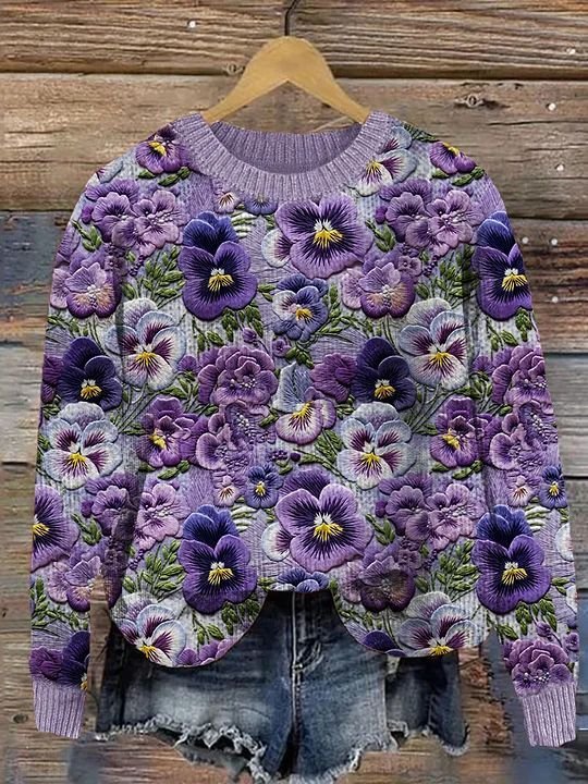 Violet flower art pullover knitted sweater