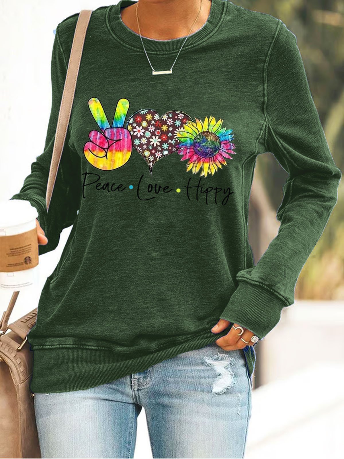 Hippie print round neck pullover sweatshirt