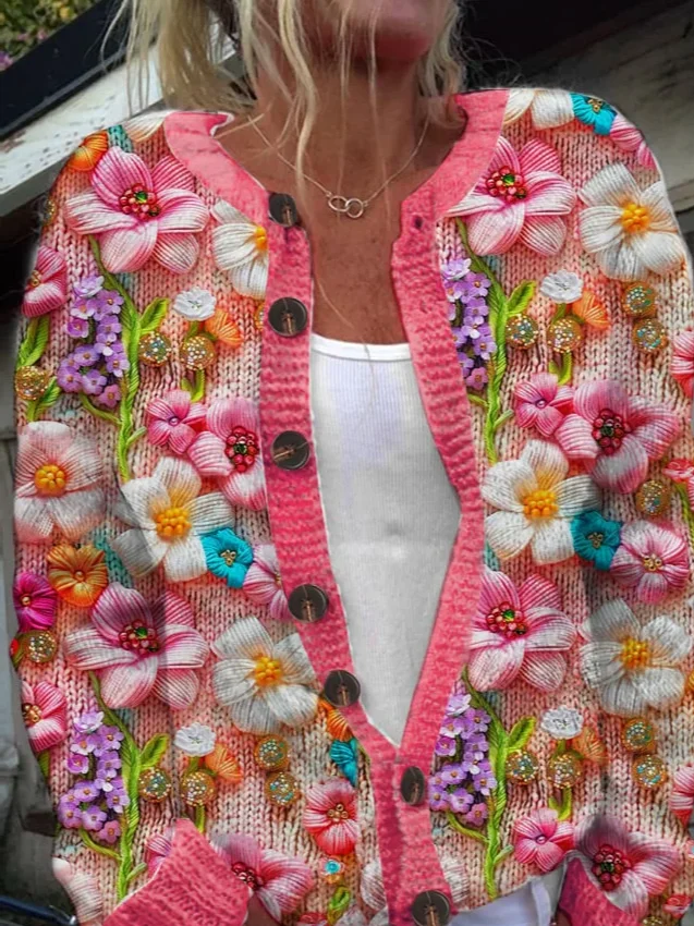 Women's Pink Floral Breast Cancer Sweater Print Knit Cardigan