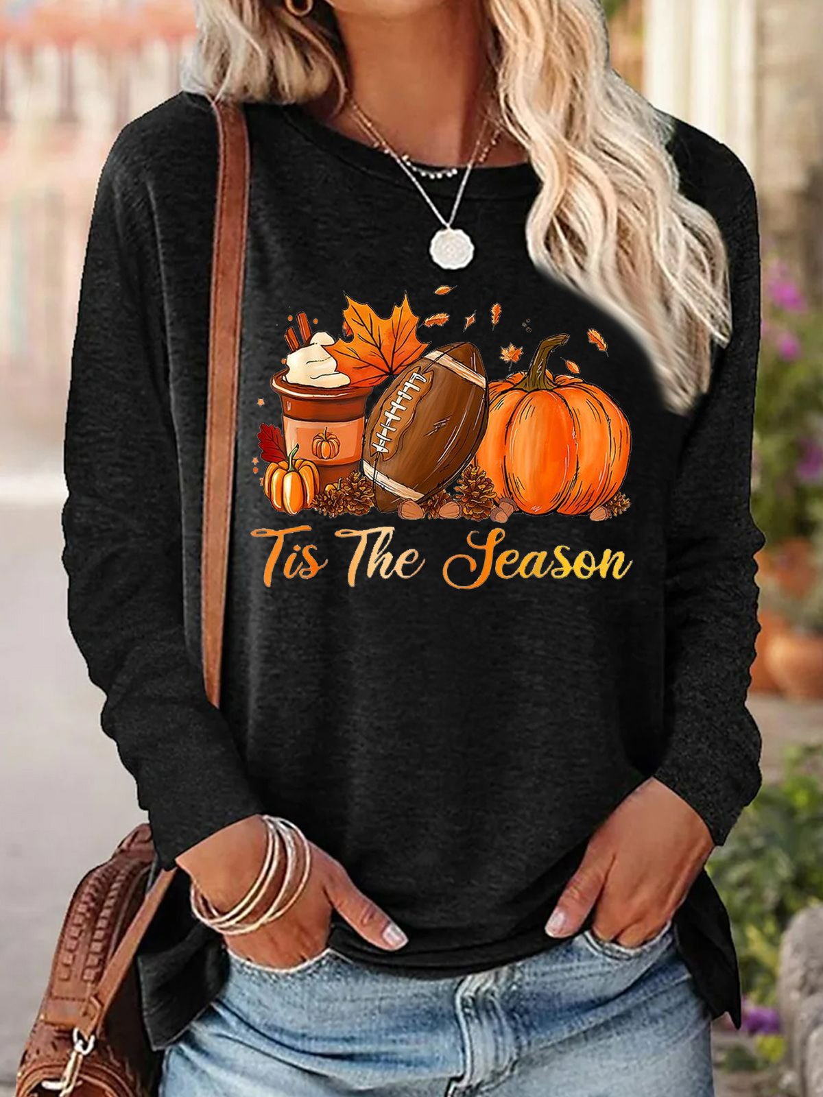 Loose Casual Pumpkin Pattern Cotton-Blend T-Shirt