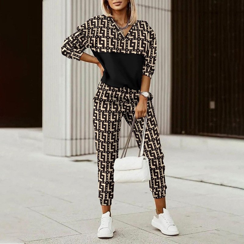 Loose Geometric V Neck Casual Two-Piece Set