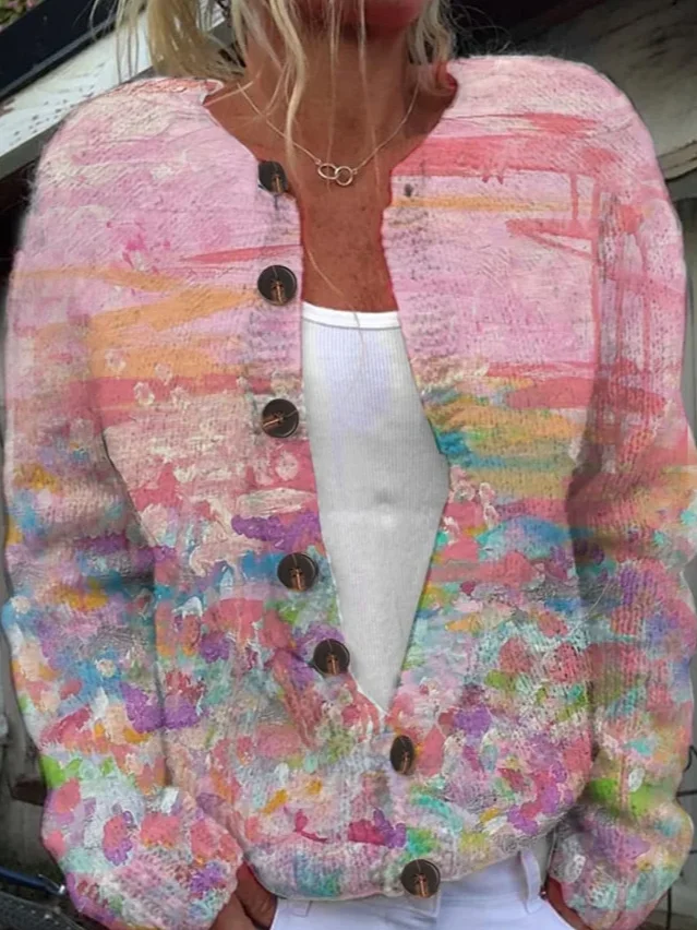 Women's Pink Art Oil Painting Breast Cancer Sweater Knit Cardigan