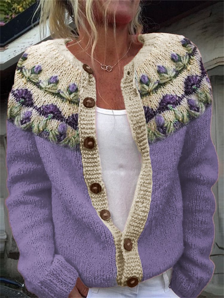 Purple flower button knit cardigan