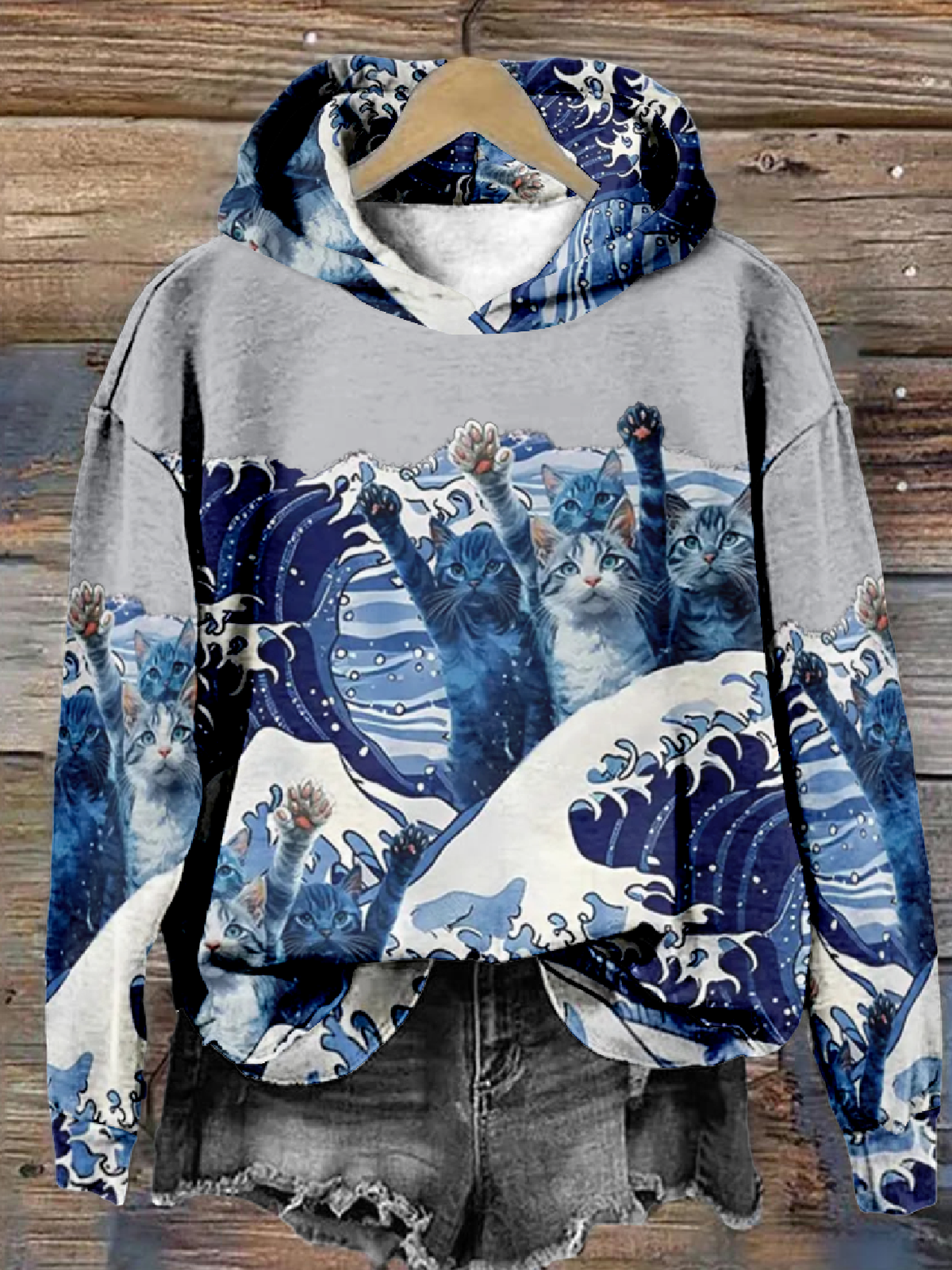 Blue Wave Cat Casual Hoodie