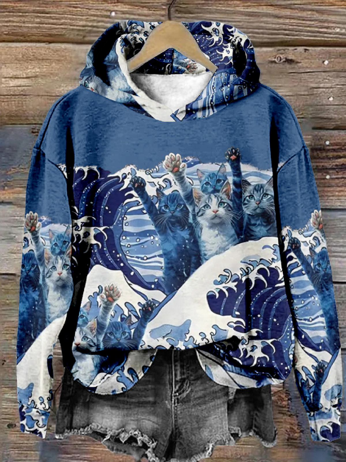 Blue Wave Cat Casual Hoodie