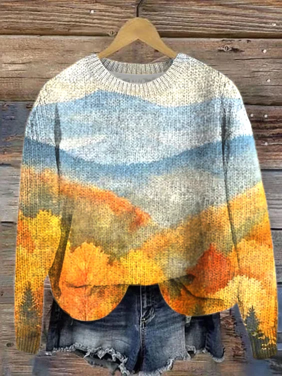 Knitted Landscape Painting Simple Sweater