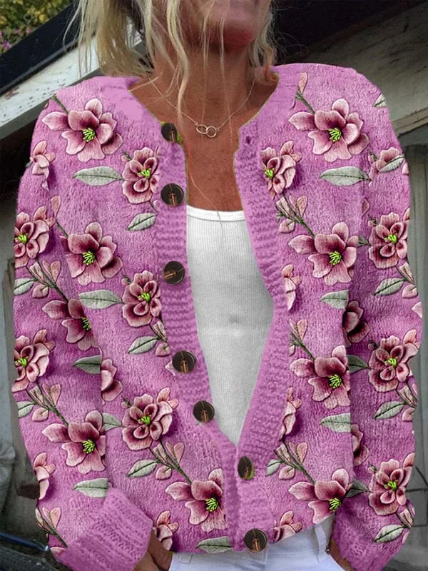 Women's Pink Floral Breast Cancer Sweater Knit Cardigan