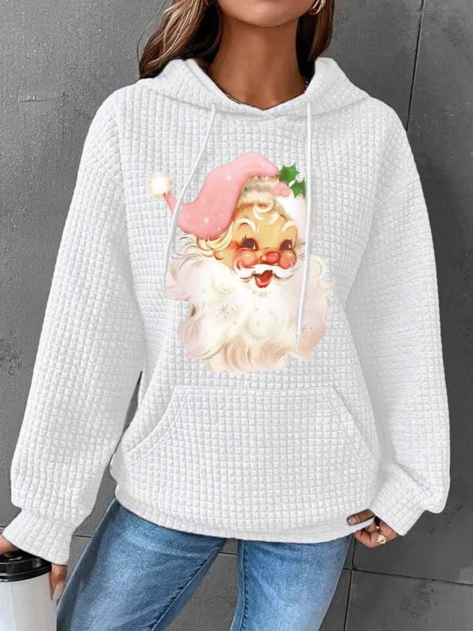 Vintage Pink Santa Claus Print Hoodie