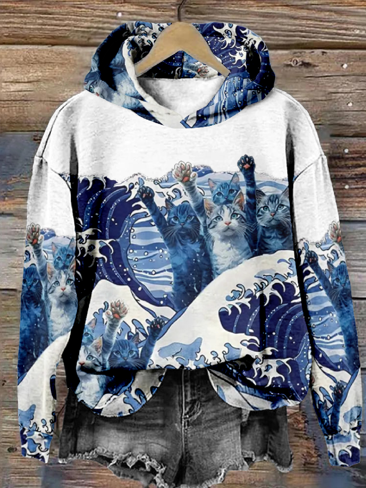 Blue Wave Cat Casual Hoodie