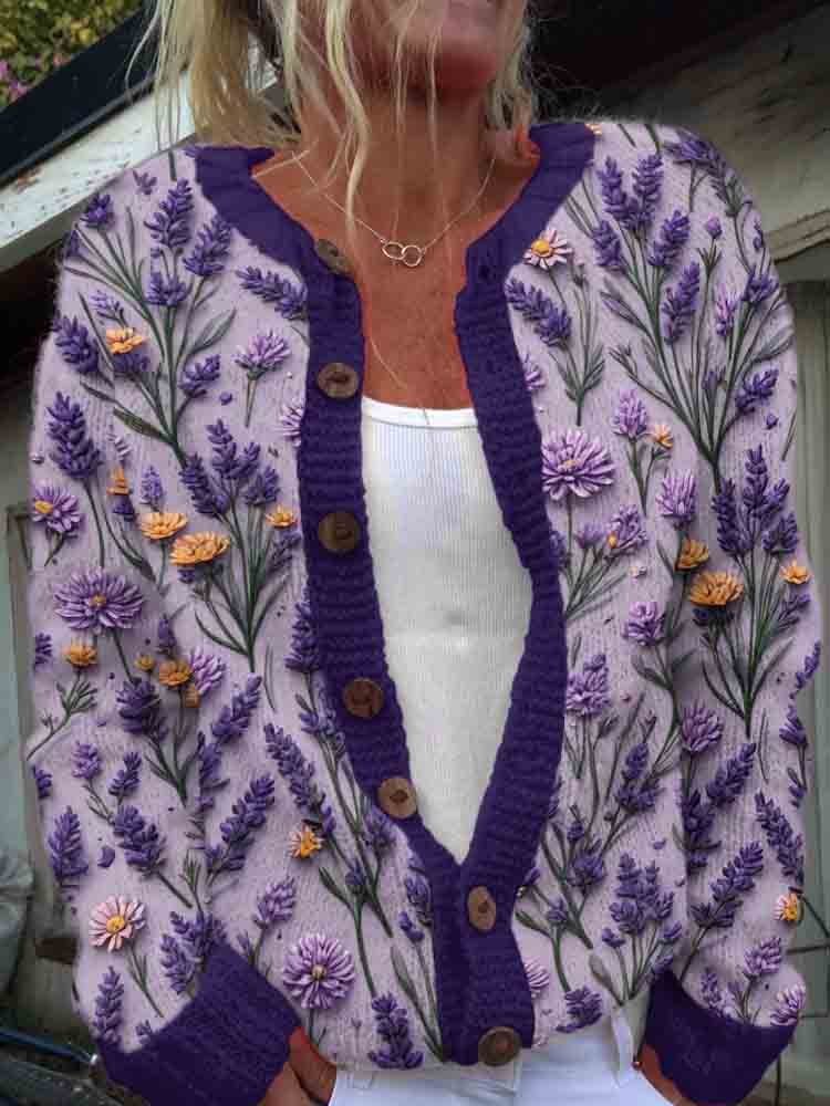 Vintage plant flower pattern button knit cardigan sweater