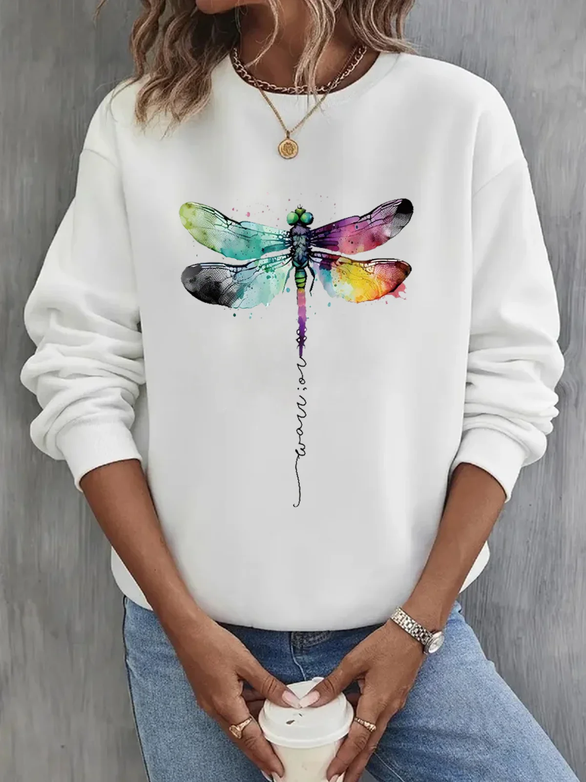 Crew Neck Casual Dragonfly Sweatshirt