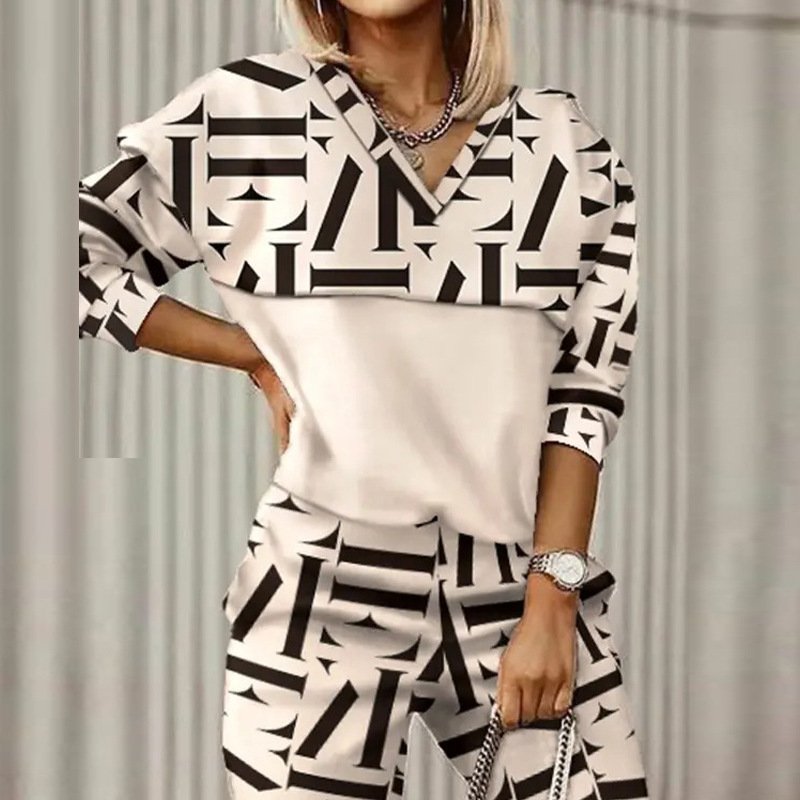 Loose Geometric V Neck Casual Two-Piece Set