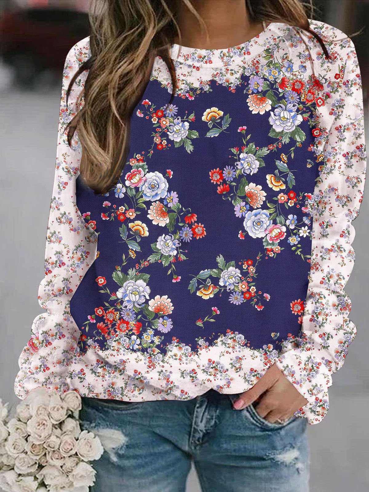 Floral print casual round neck women's pullover sports shirt