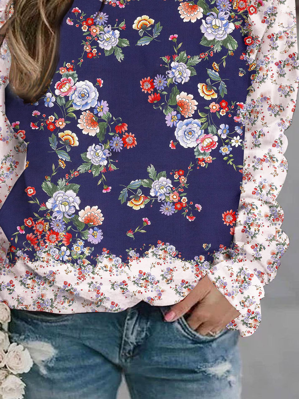 Floral print casual round neck women's pullover sports shirt