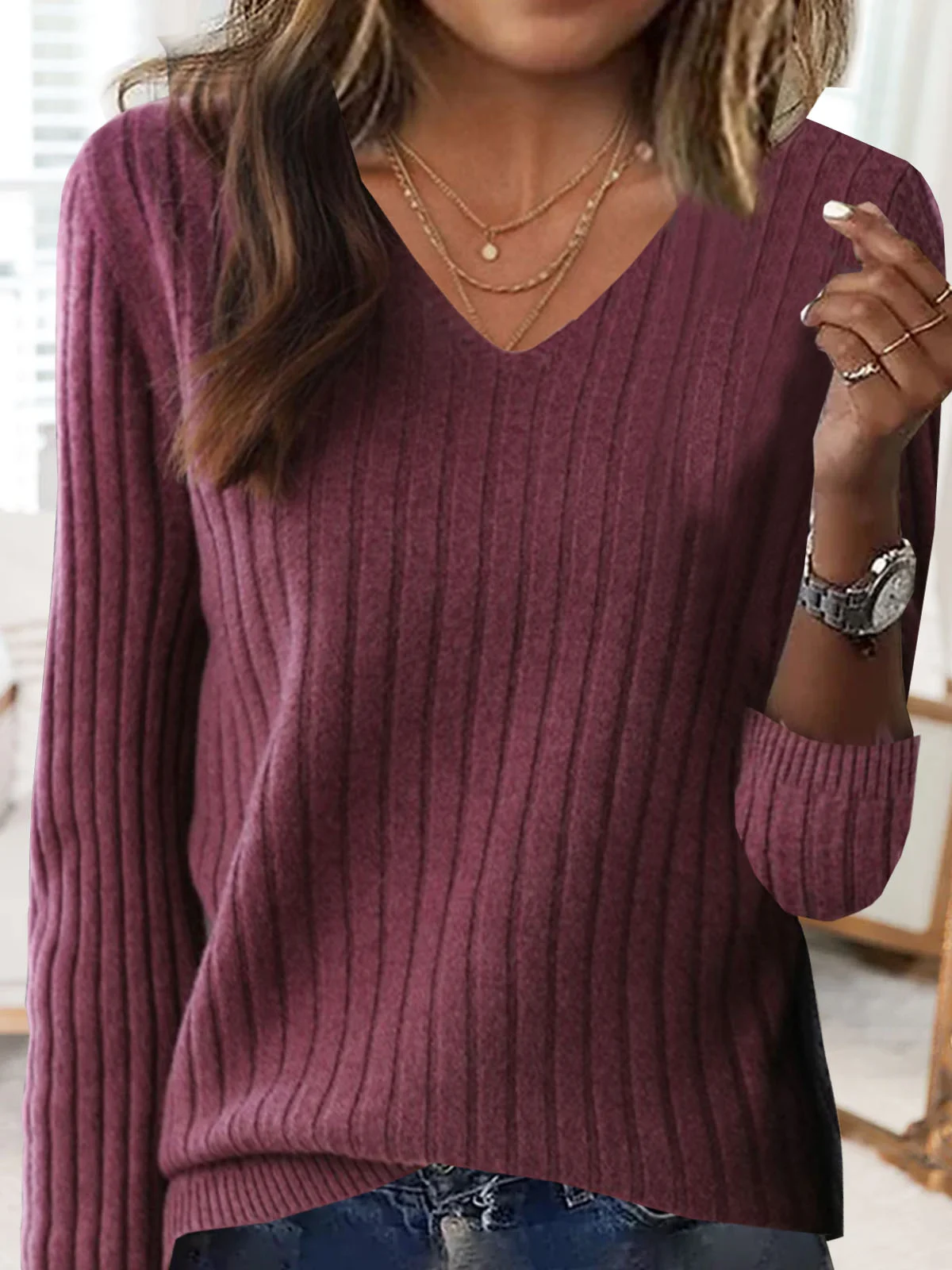 Casual V-neck Yarn/Wool Yarn Plain Sweater