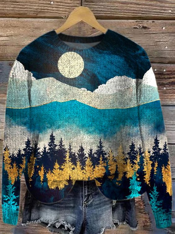 Landscape Painting Crew Neck Simple Loose Sweater