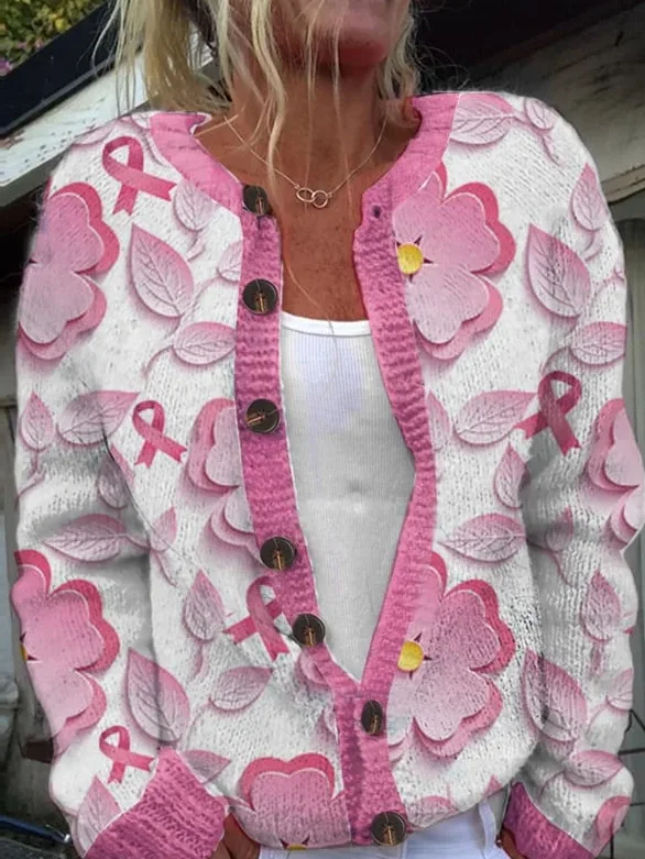 Women's Pink Floral Breast Cancer Sweater Knit Cardigan