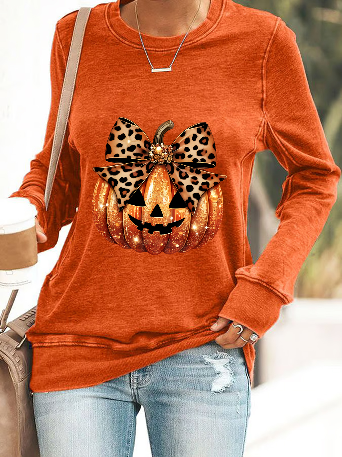 Leopard Coquette Bow Pumpkin Print Casual Sweatshirt