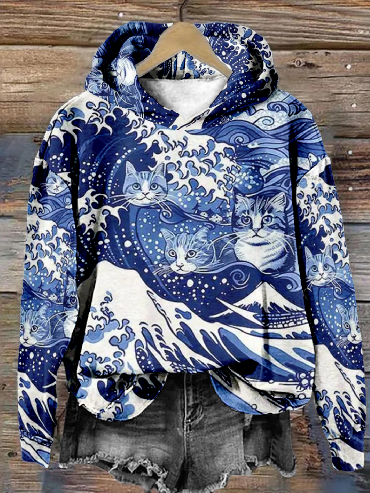 Blue Wave Cat Casual Hoodie