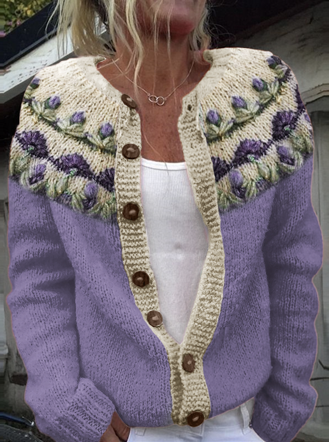 Purple flower button knit cardigan