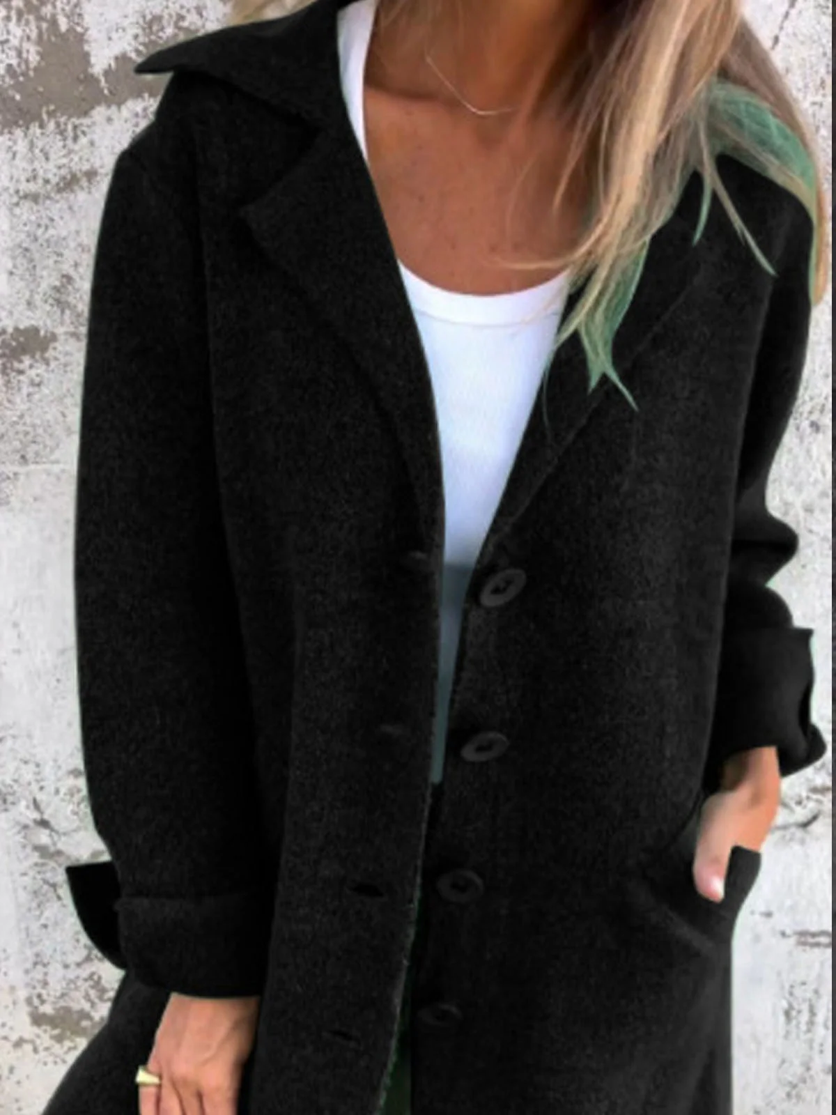 Women's Solid Color Lapel Cardigan with Pockets Single Breasted Mid-Length Jacket