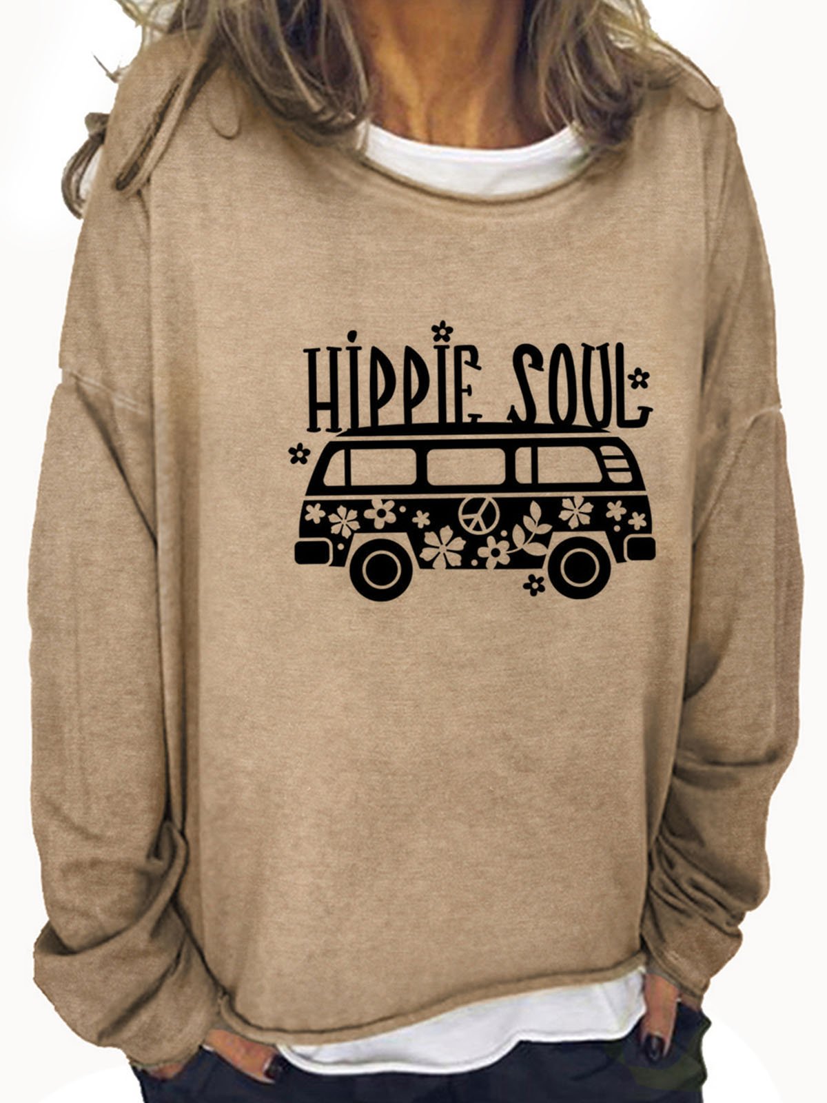 Hippie and bus printed casual women's pullover sweatshirt