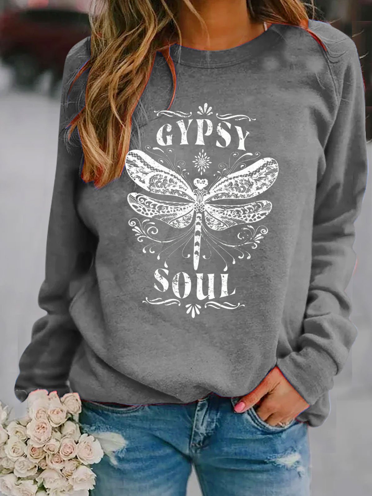 Hippie soul dragonfly print women's pullover sweatshirt