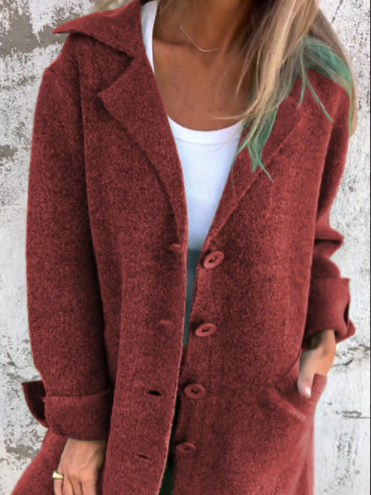 Women's Solid Color Lapel Cardigan with Pockets Single Breasted Mid-Length Jacket