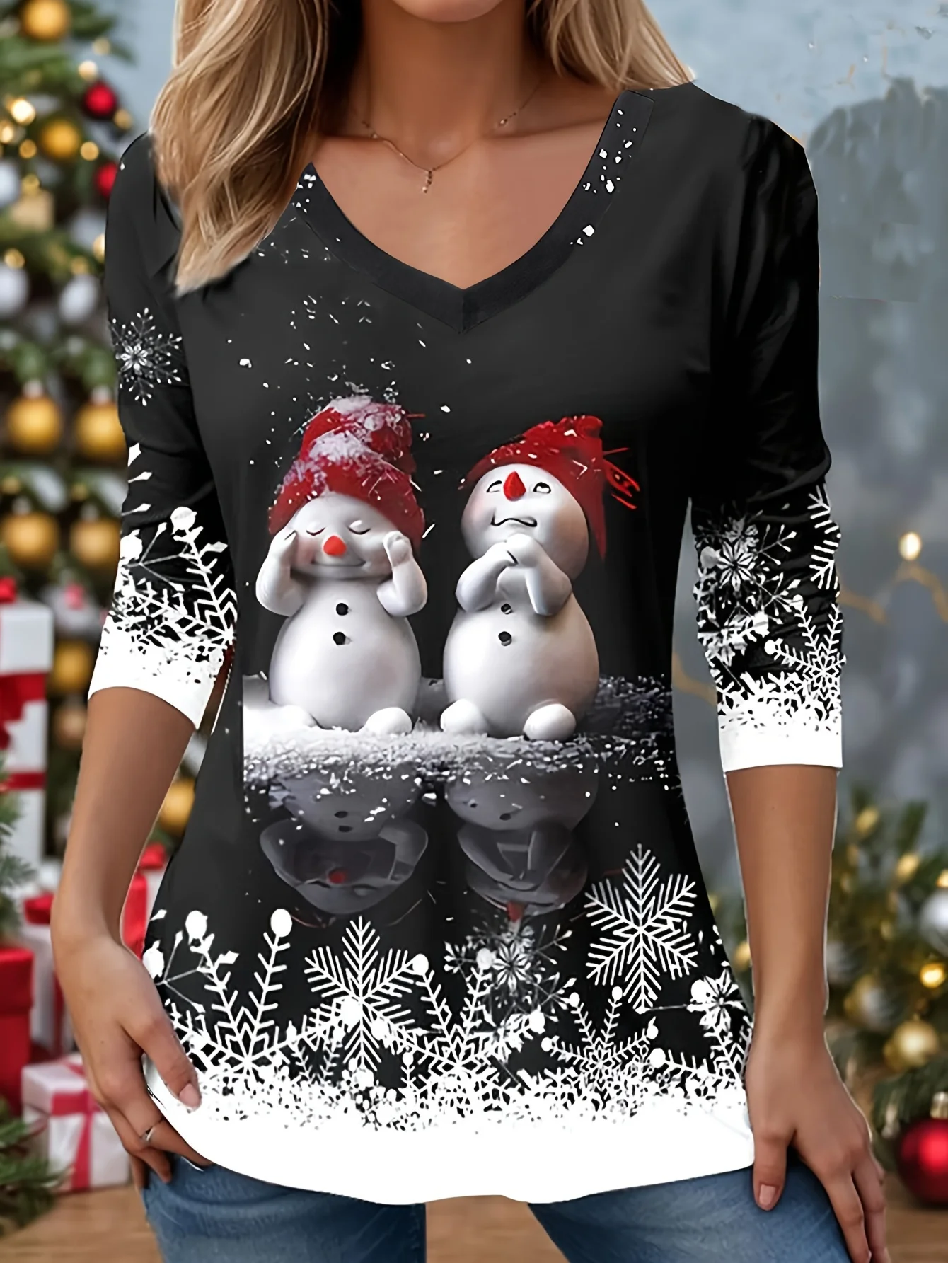 Christmas Casual V Neck Cotton T-Shirt