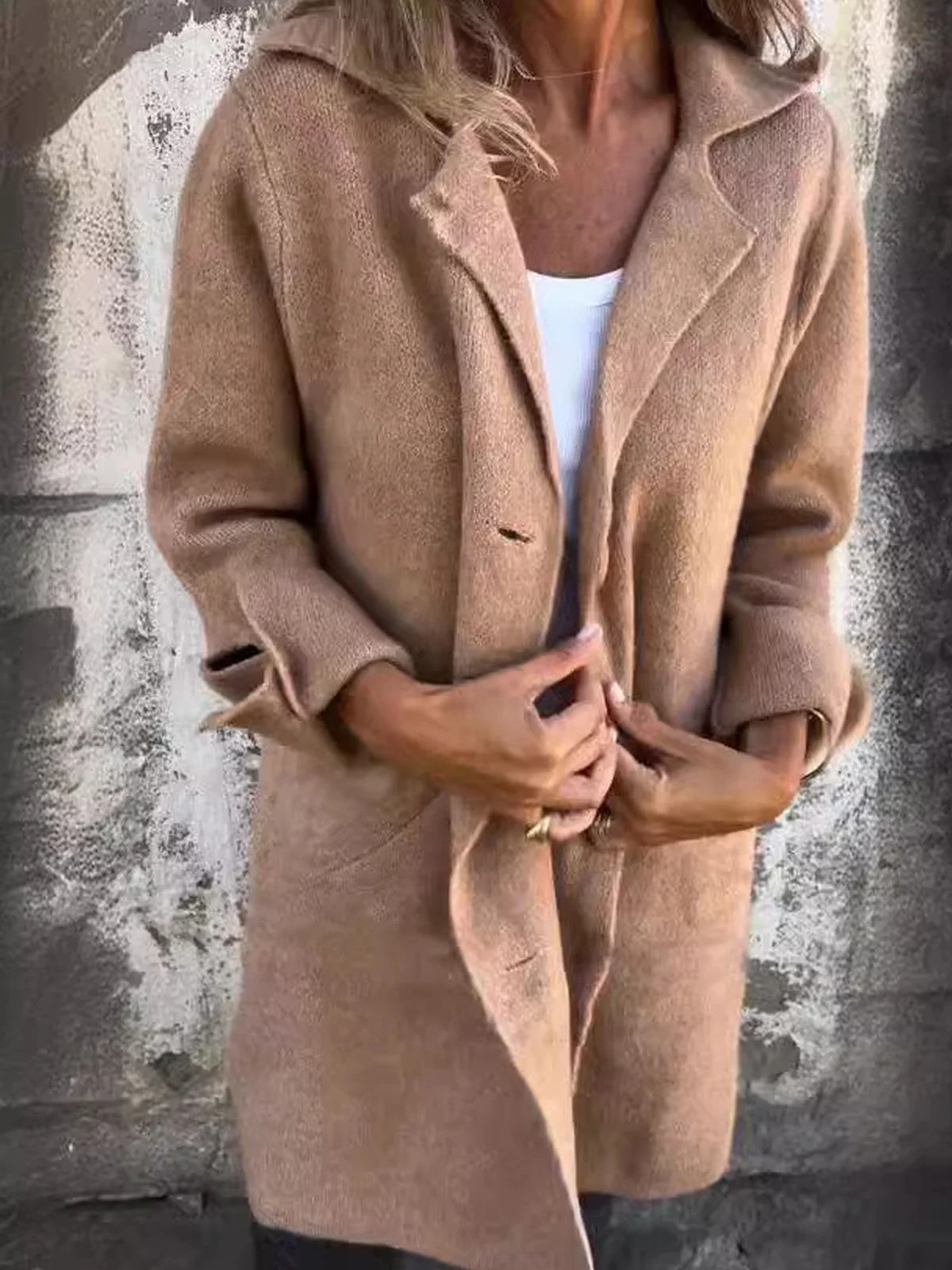 Women's Solid Color Lapel Cardigan with Pockets Single Breasted Mid-Length Jacket