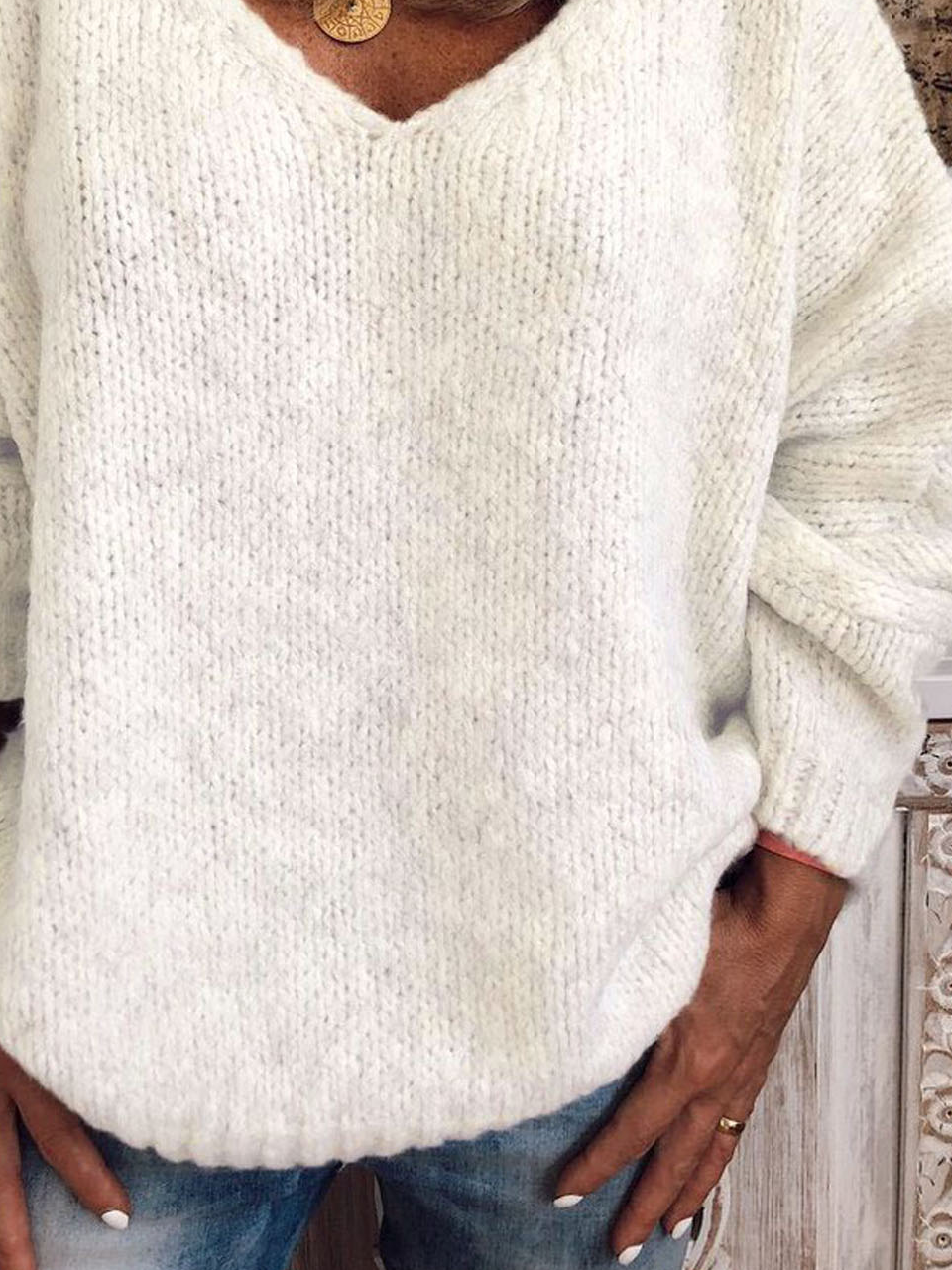 Plain Yarn/Wool Yarn V Neck Casual Sweater