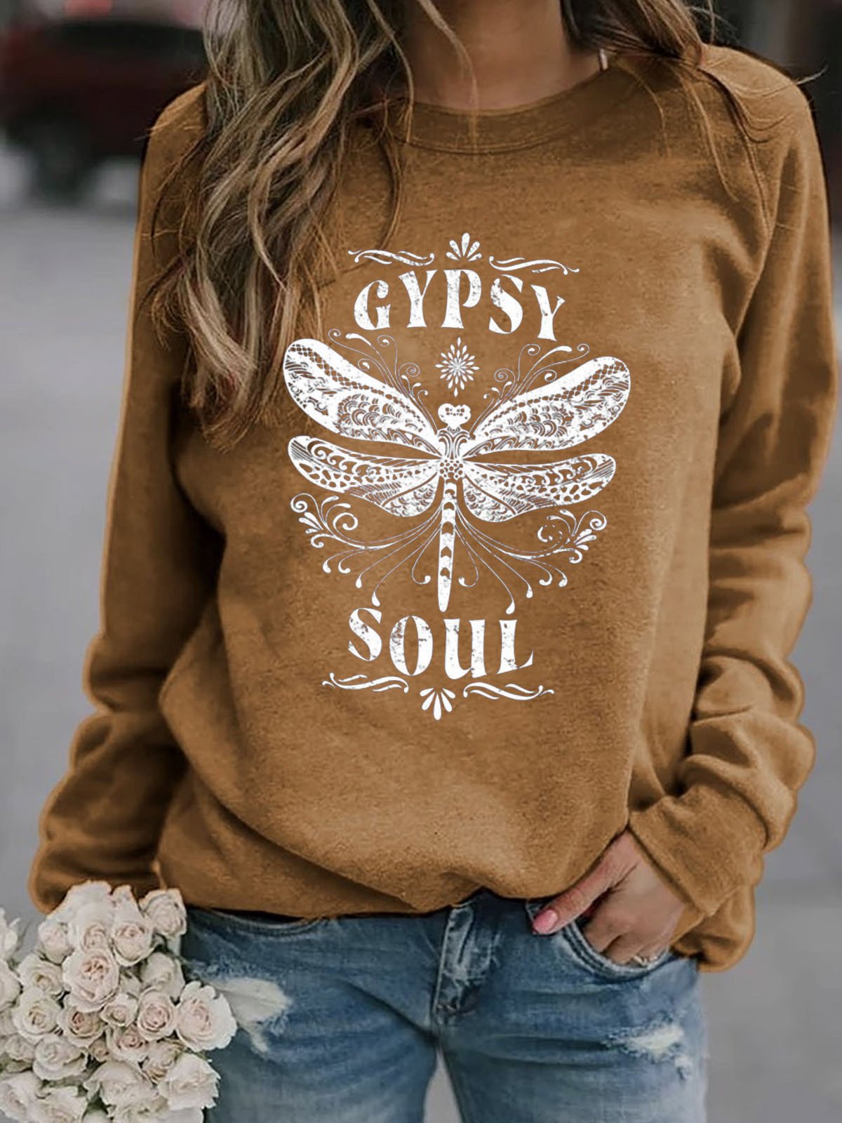 Hippie soul dragonfly print women's pullover sweatshirt