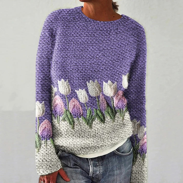 Floral Art Print Knitted Crew Neck Pullover Cozy Sweater