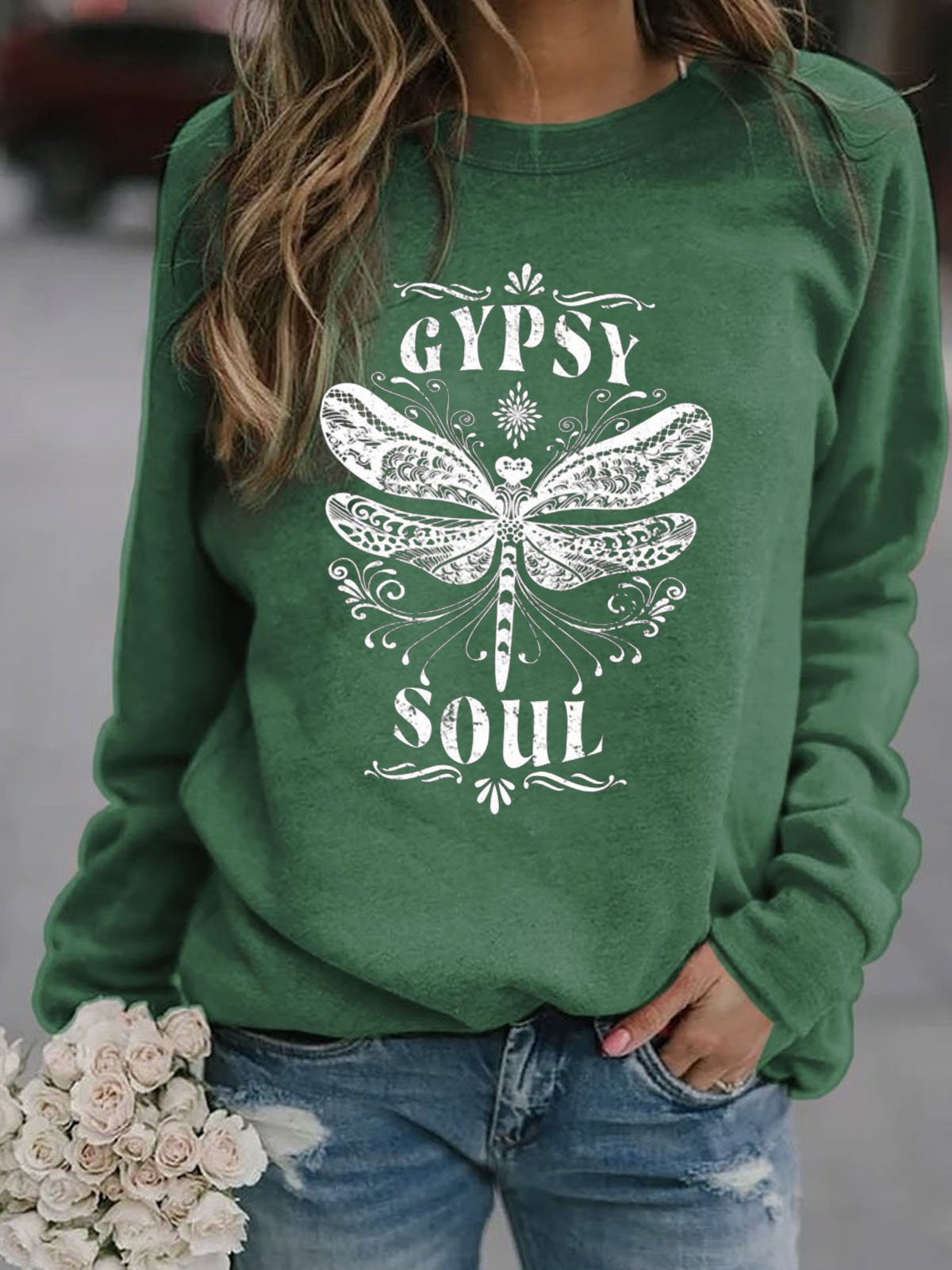 Hippie soul dragonfly print women's pullover sweatshirt