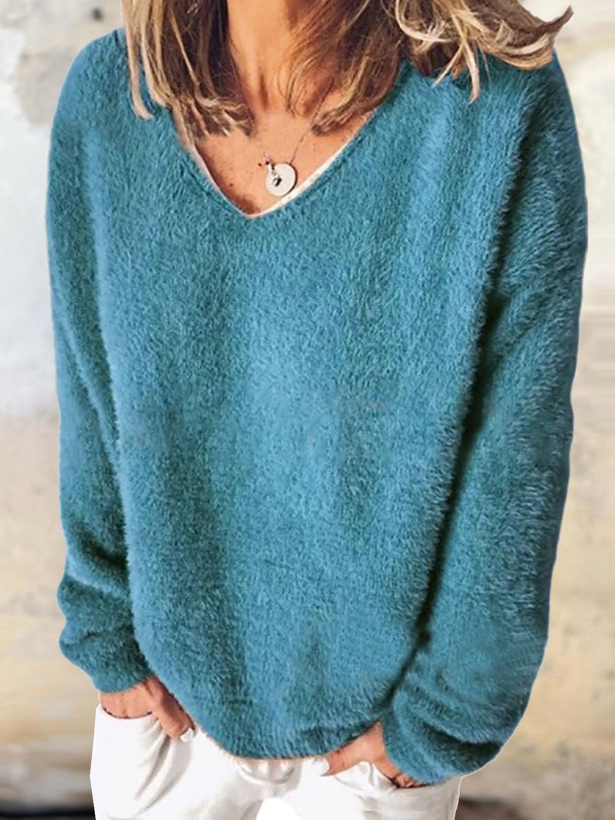 Casual Plain V Neck fluff Sweatshirt