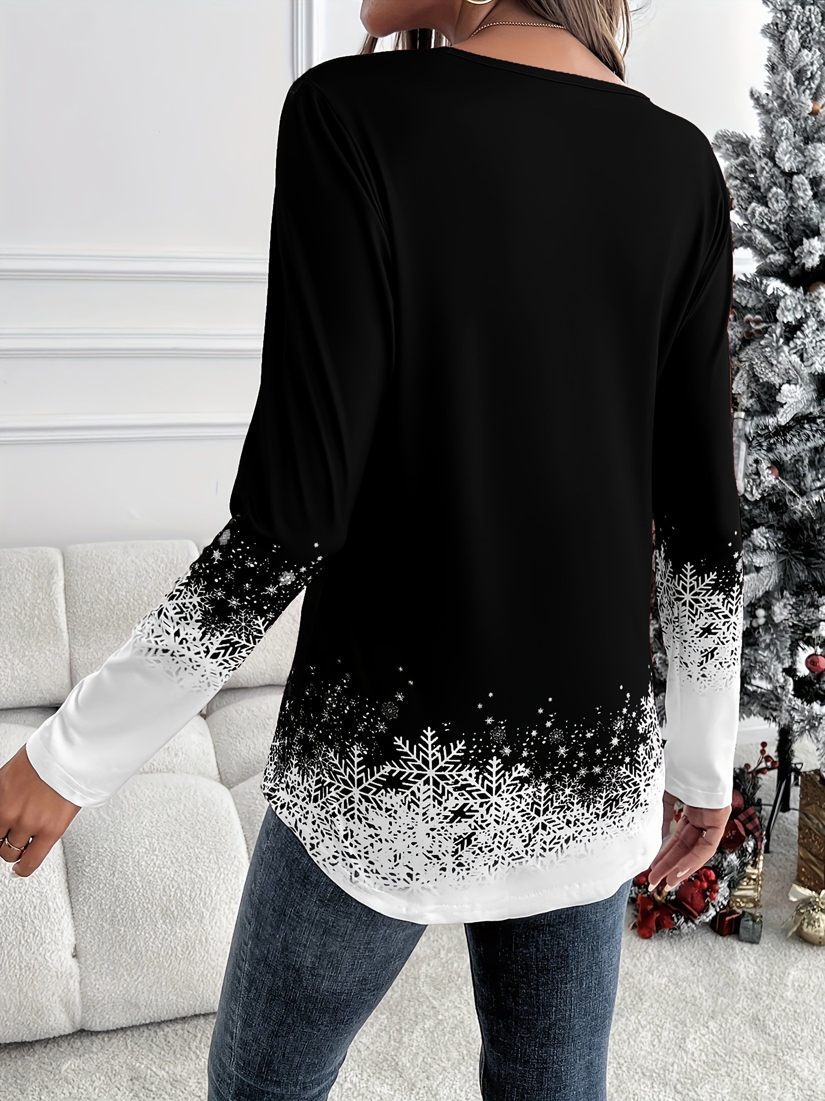 Christmas V Neck Cotton Casual Ombre T-Shirt