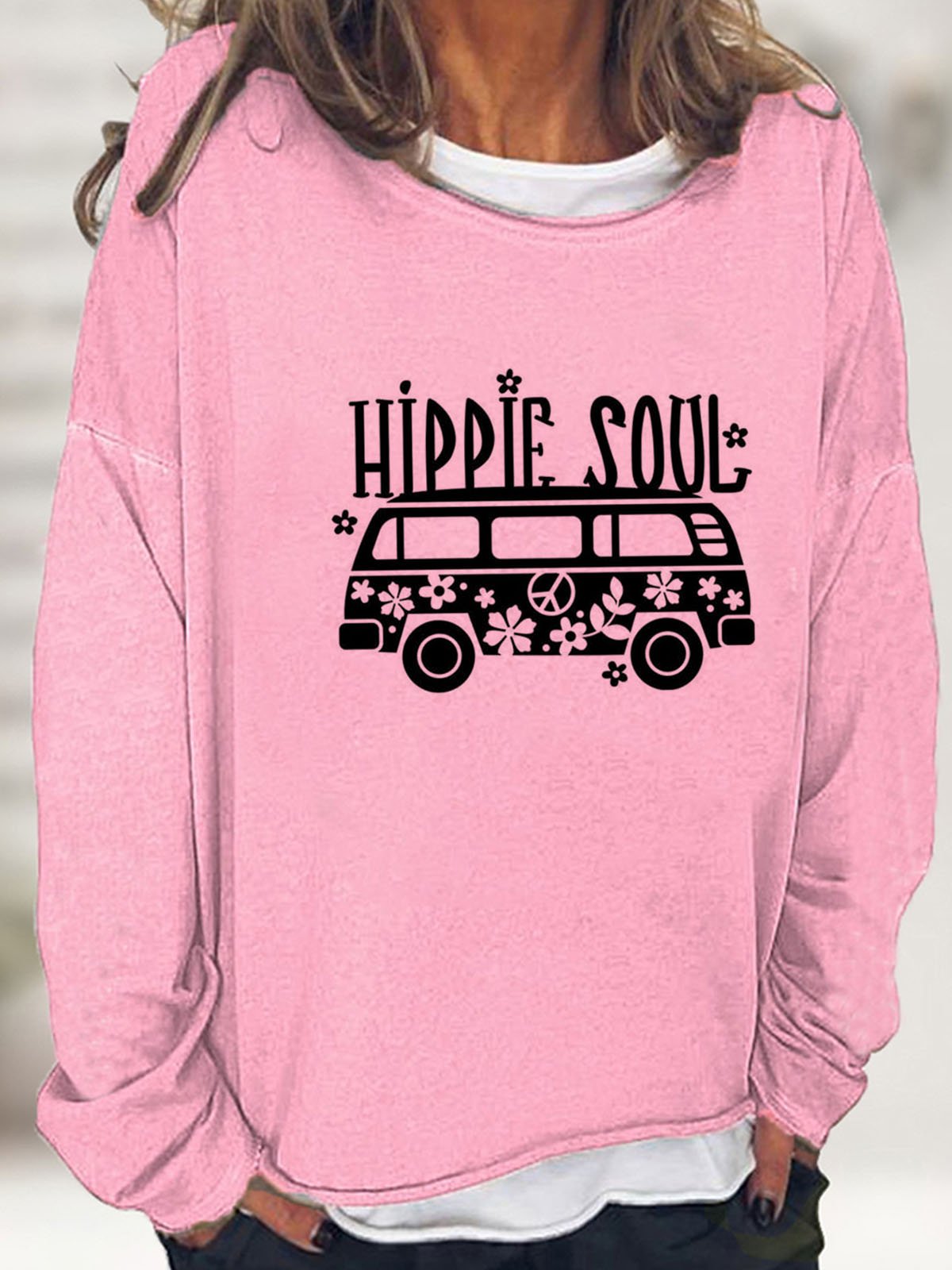 Hippie and bus printed casual women's pullover sweatshirt