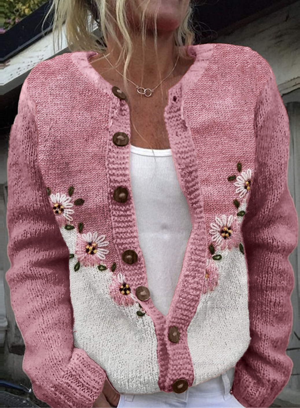 Plant flower color blocked knitted cardigan sweater