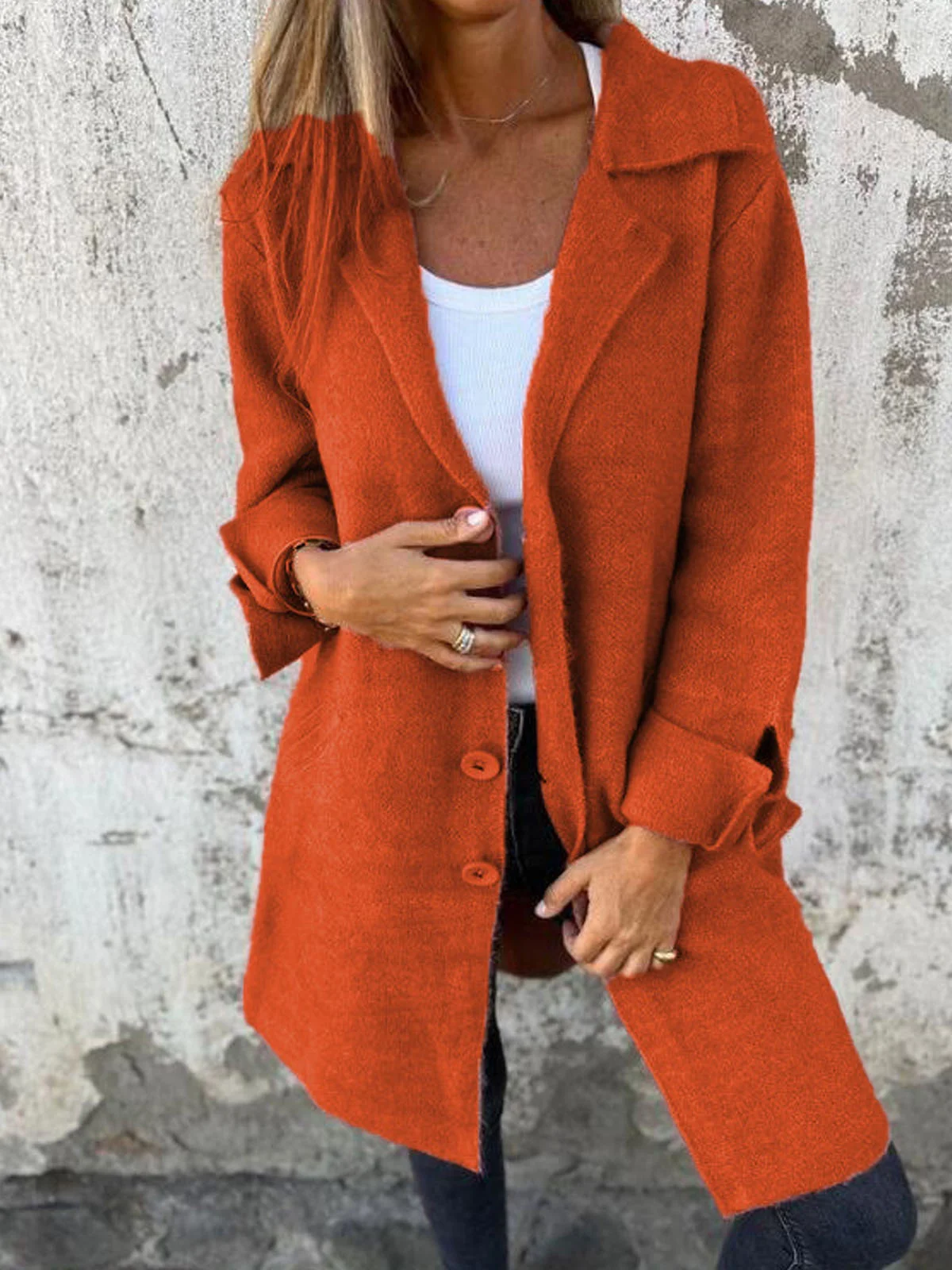 Women's Solid Color Lapel Cardigan with Pockets Single Breasted Mid-Length Jacket