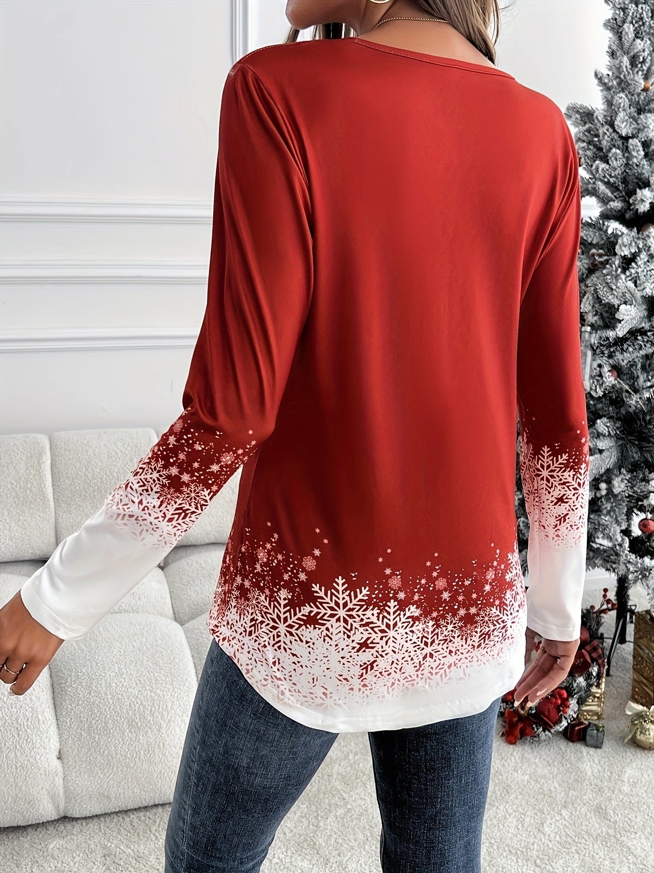 Christmas V Neck Cotton Casual Ombre T-Shirt