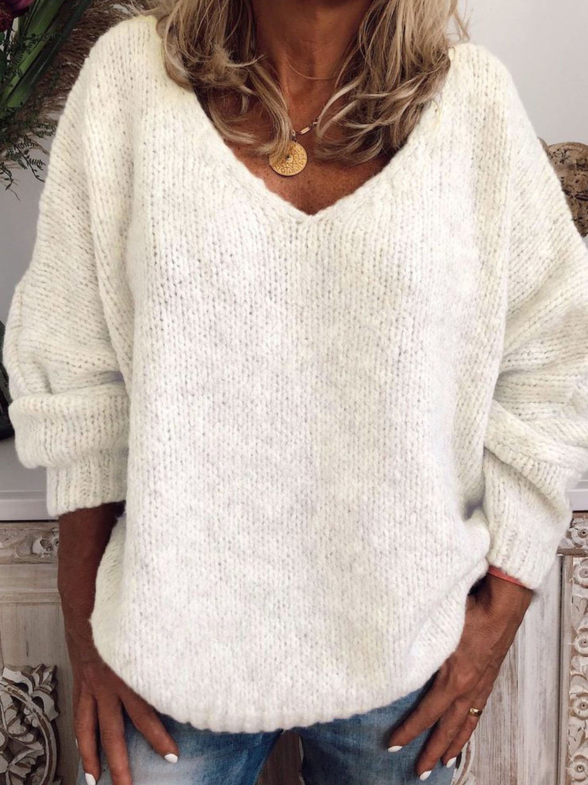 Plain Yarn/Wool Yarn V Neck Casual Sweater