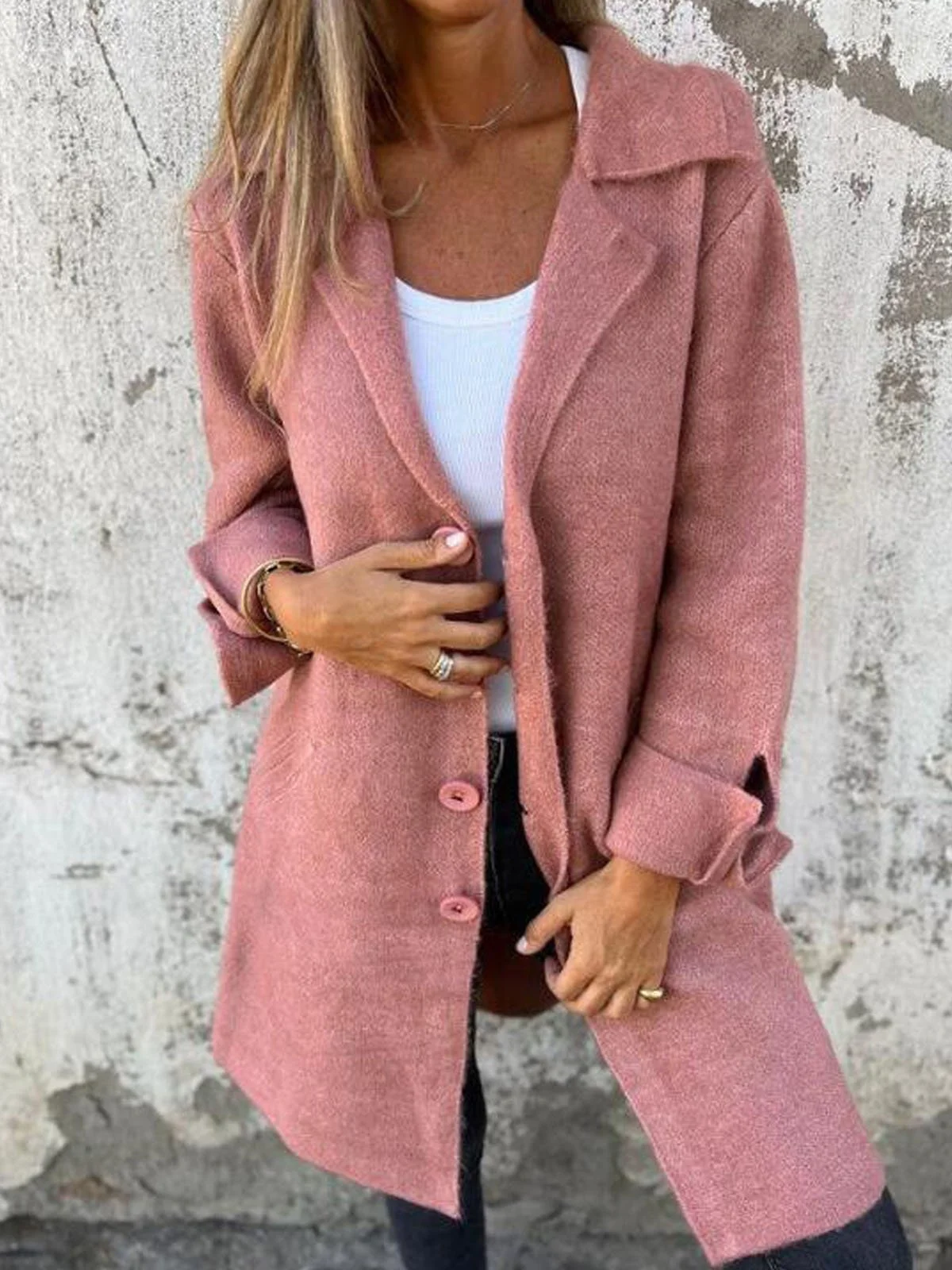 Women's Solid Color Lapel Cardigan with Pockets Single Breasted Mid-Length Jacket