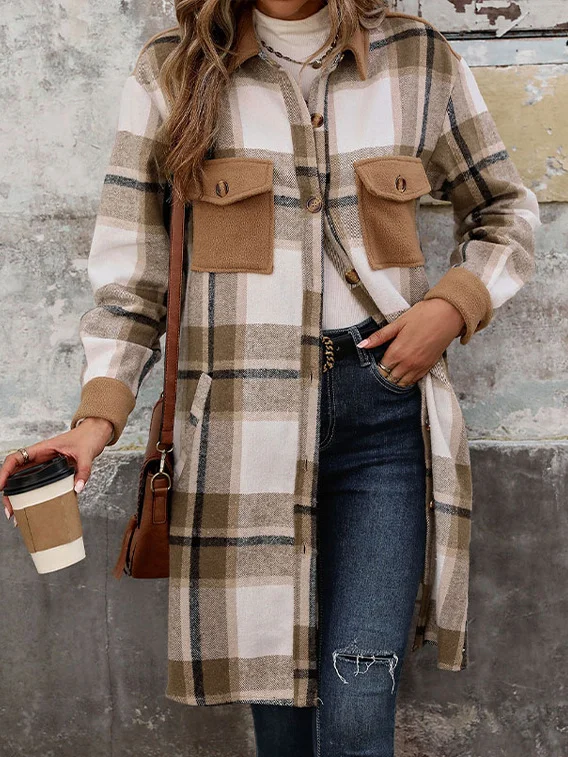 Casual Plaid Shirt Collar Buckle Jacket