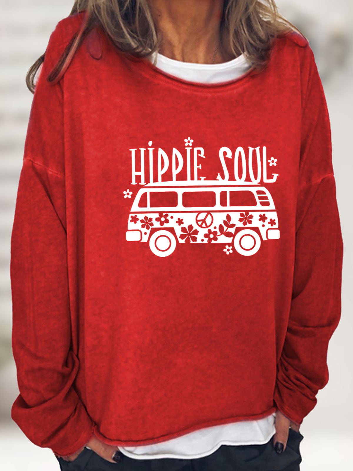 Hippie and bus printed casual women's pullover sweatshirt