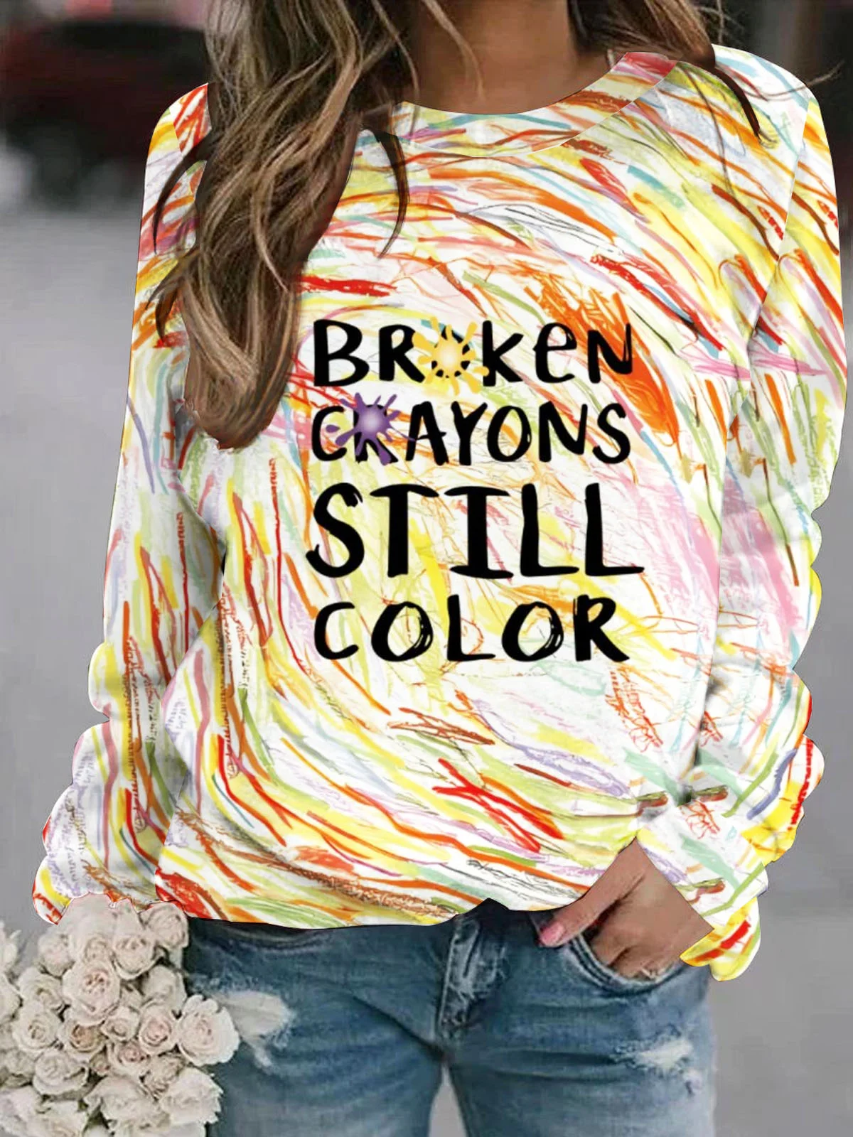 Colorful graffiti text letter printed casual women's pullover sweatshirt