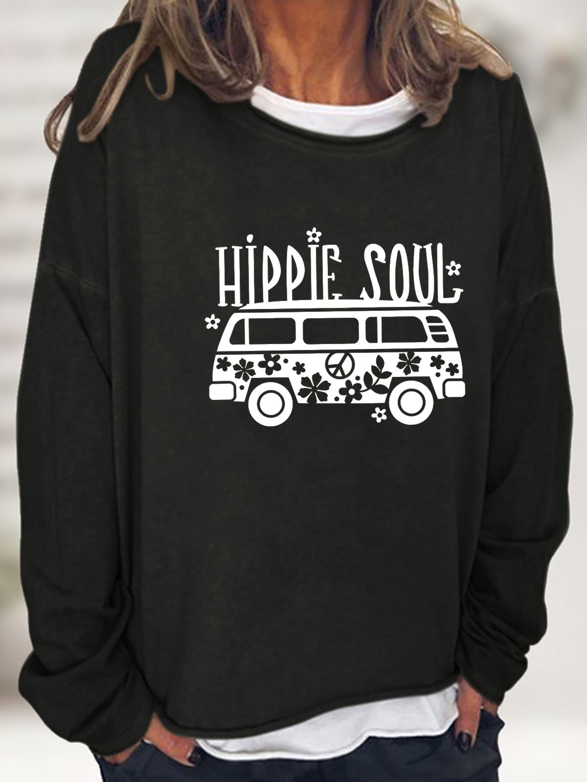 Hippie and bus printed casual women's pullover sweatshirt