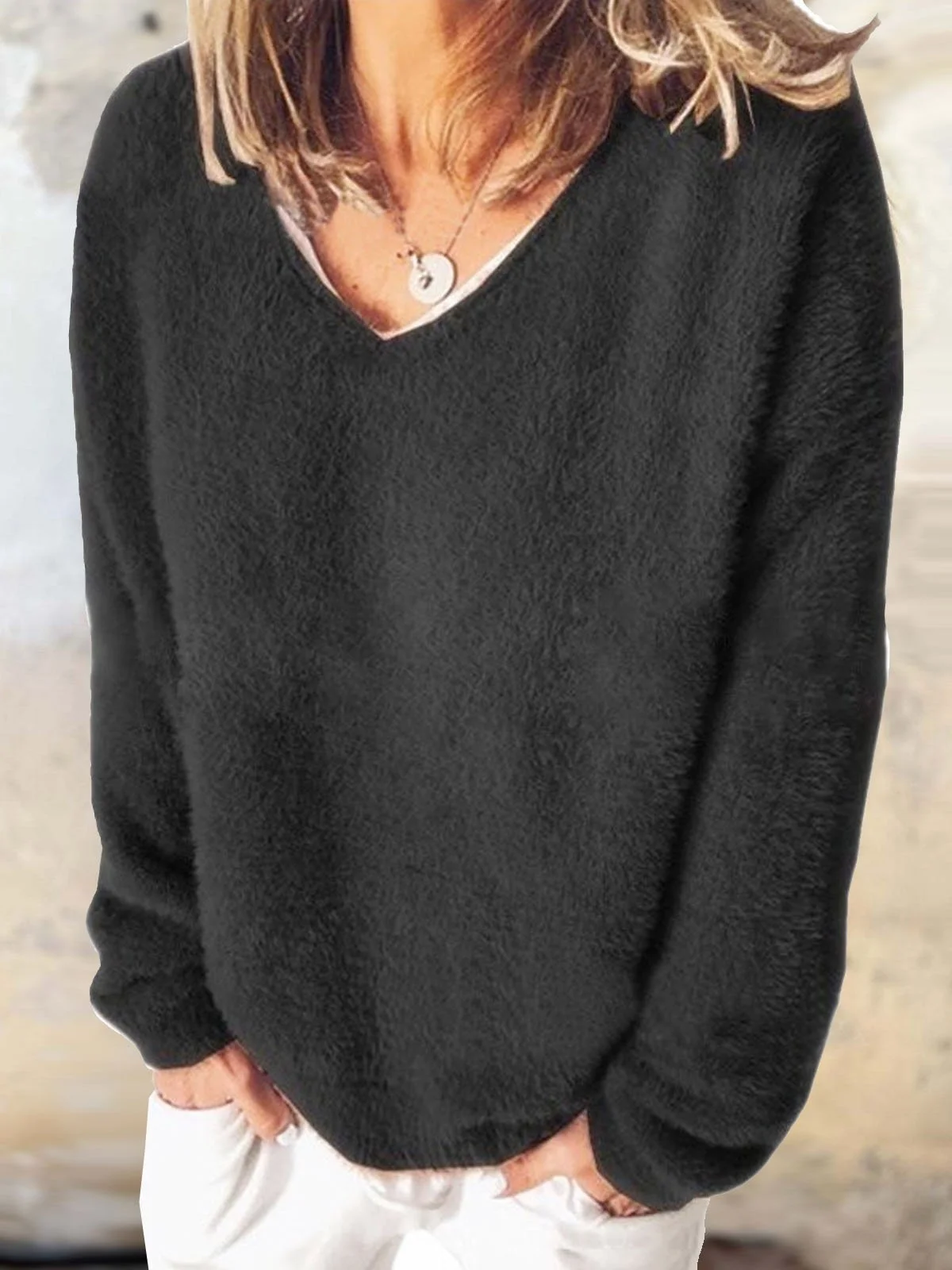 Casual Plain V Neck fluff Sweatshirt